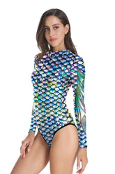 Traje de baño de una pieza Jane con corte en el abdomen, mangas largas y brillantes